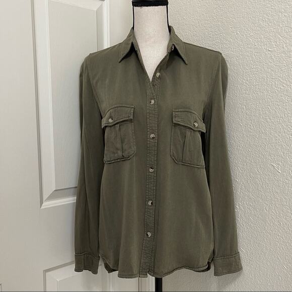 Harper Collared Hi-Low Hem Long Sleeve Button Front Blouse Women's Olive Size M - Picture 3 of 9